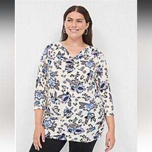 Lane Bryant Floral Print Blouse - Blue and Black on Cream